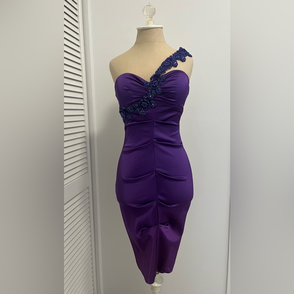 Xscape Strapless Dress in Purple with Blue Embellishments
